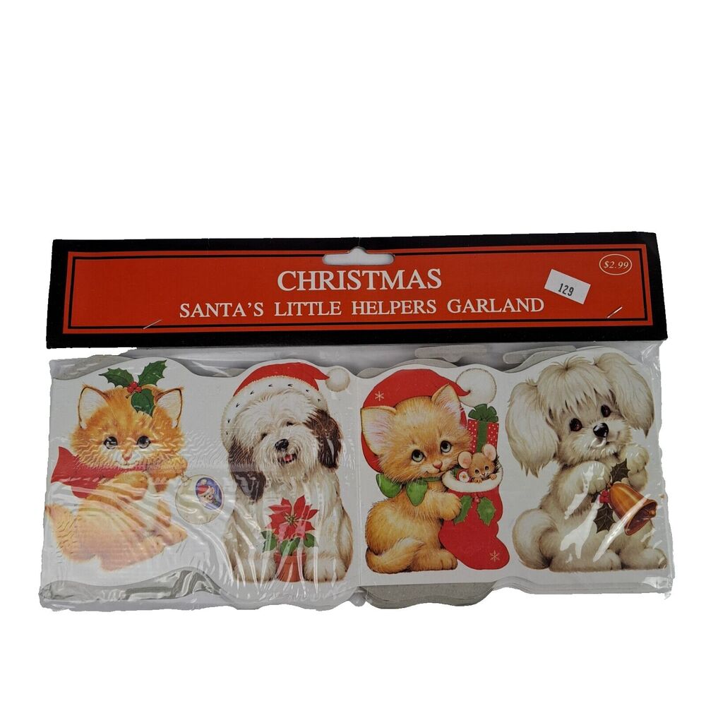 VTG Christmas Paper Garland Santa’s Little Helpers Puppy Kitten UNUSED 1995 New